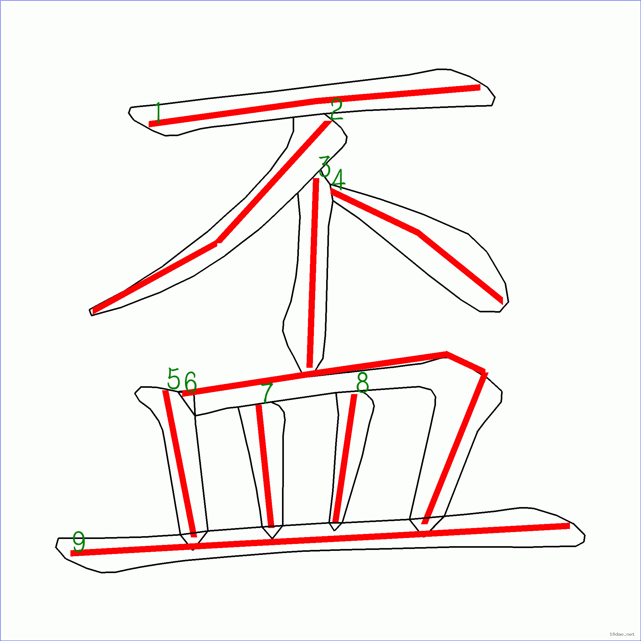 这是本站根据原始xml数据文件原创绘制的汉字外轮廓及笔画走势图