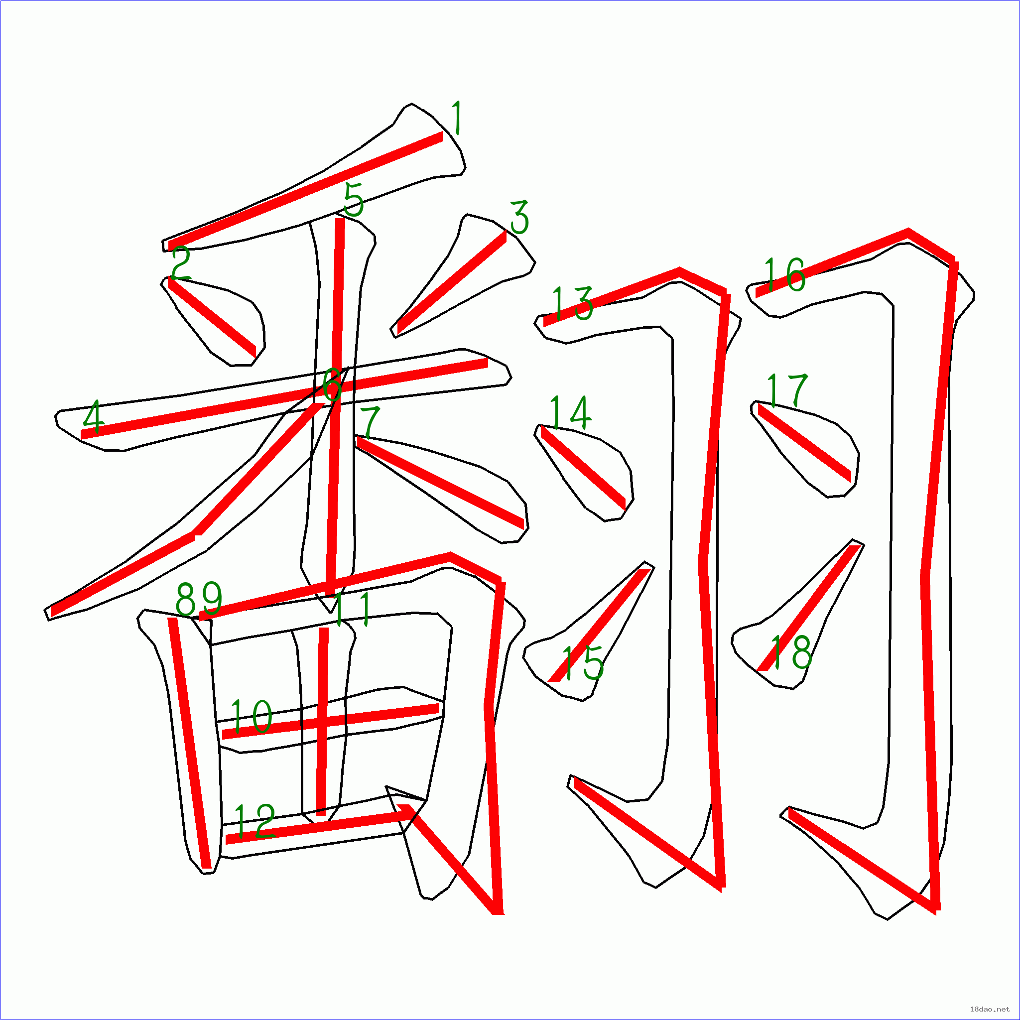 这是本站根据原始xml数据文件原创绘制的汉字外轮廓及笔画走势图