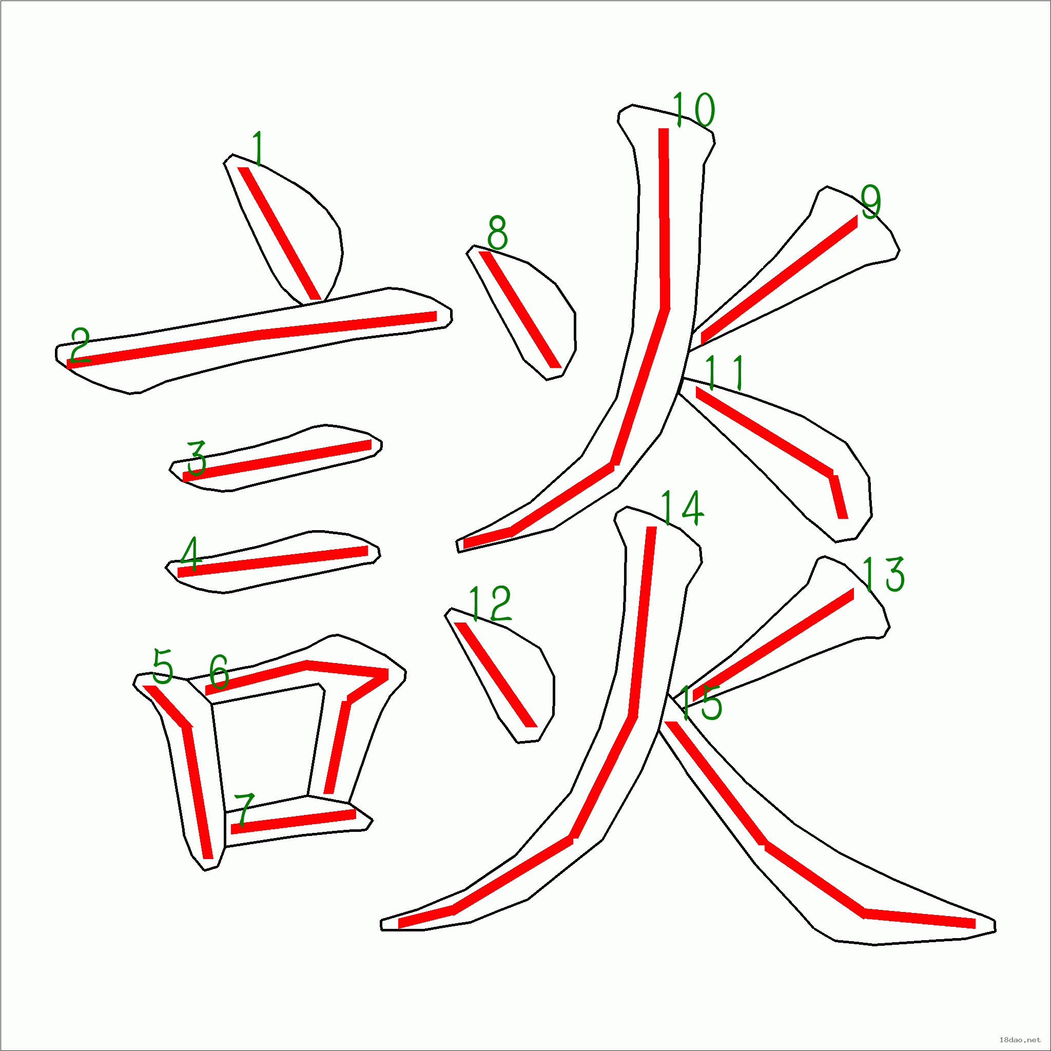 这是本站根据原始xml数据文件原创绘制的汉字外轮廓及笔画走势图