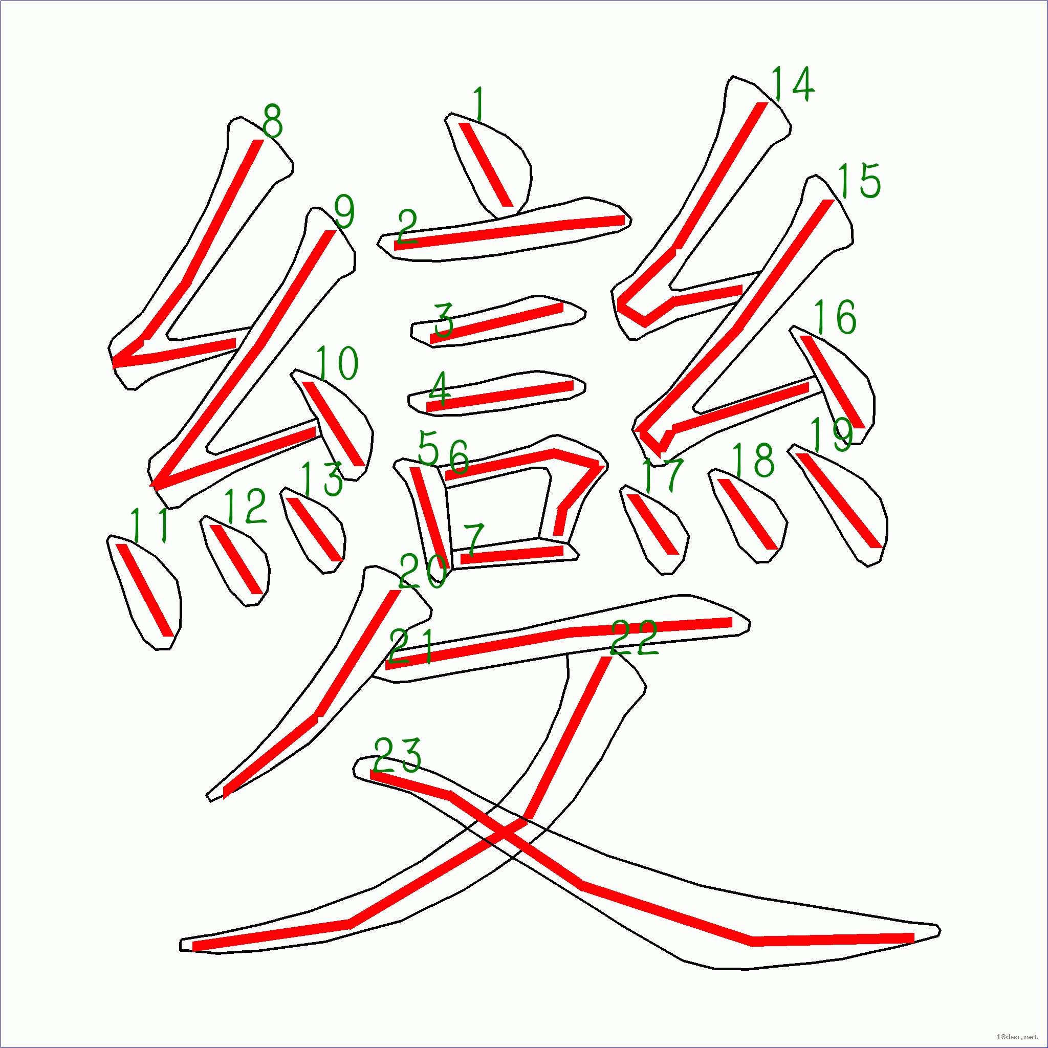 这是本站根据原始xml数据文件原创绘制的汉字外轮廓及笔画走势图