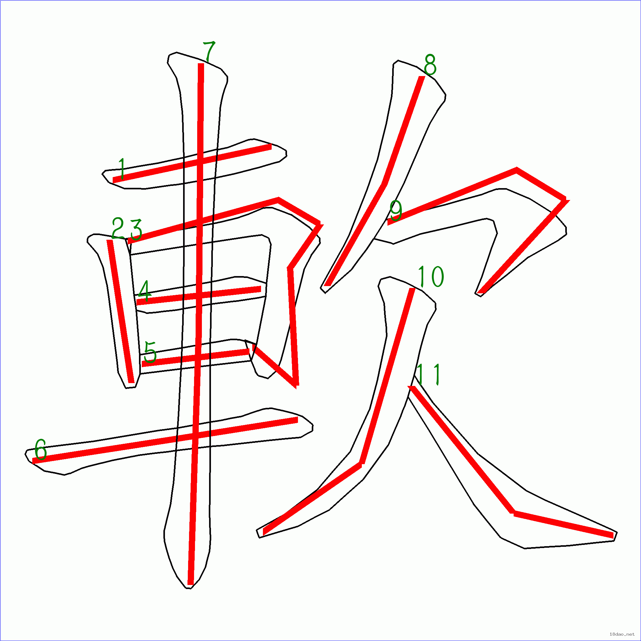 国字 软的笔顺(11画)