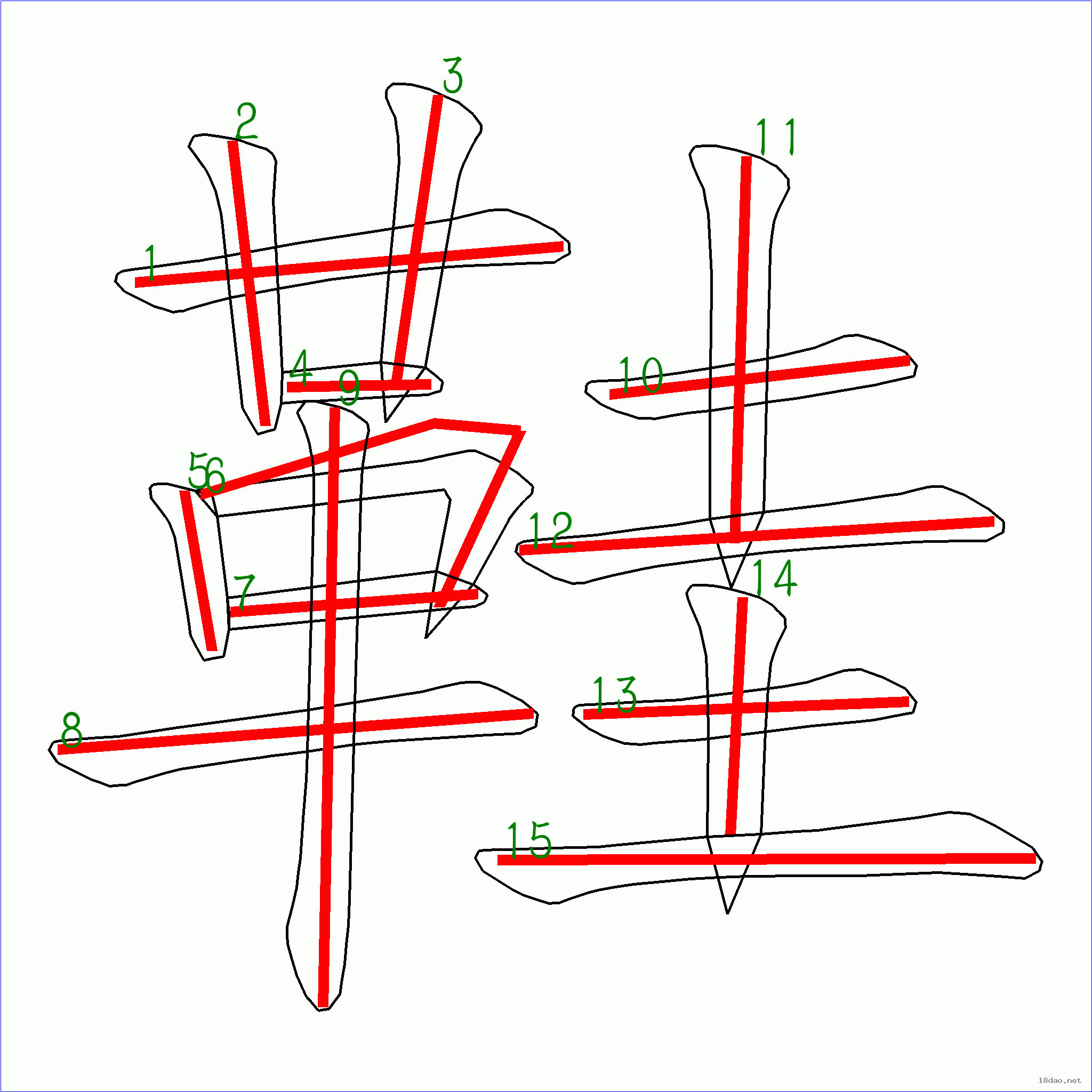 国字: 鞋的笔顺 (15画)